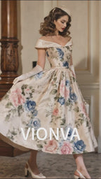 Vintage Off‑Shoulder Floral Print Satin Belted Swing Midi Dress