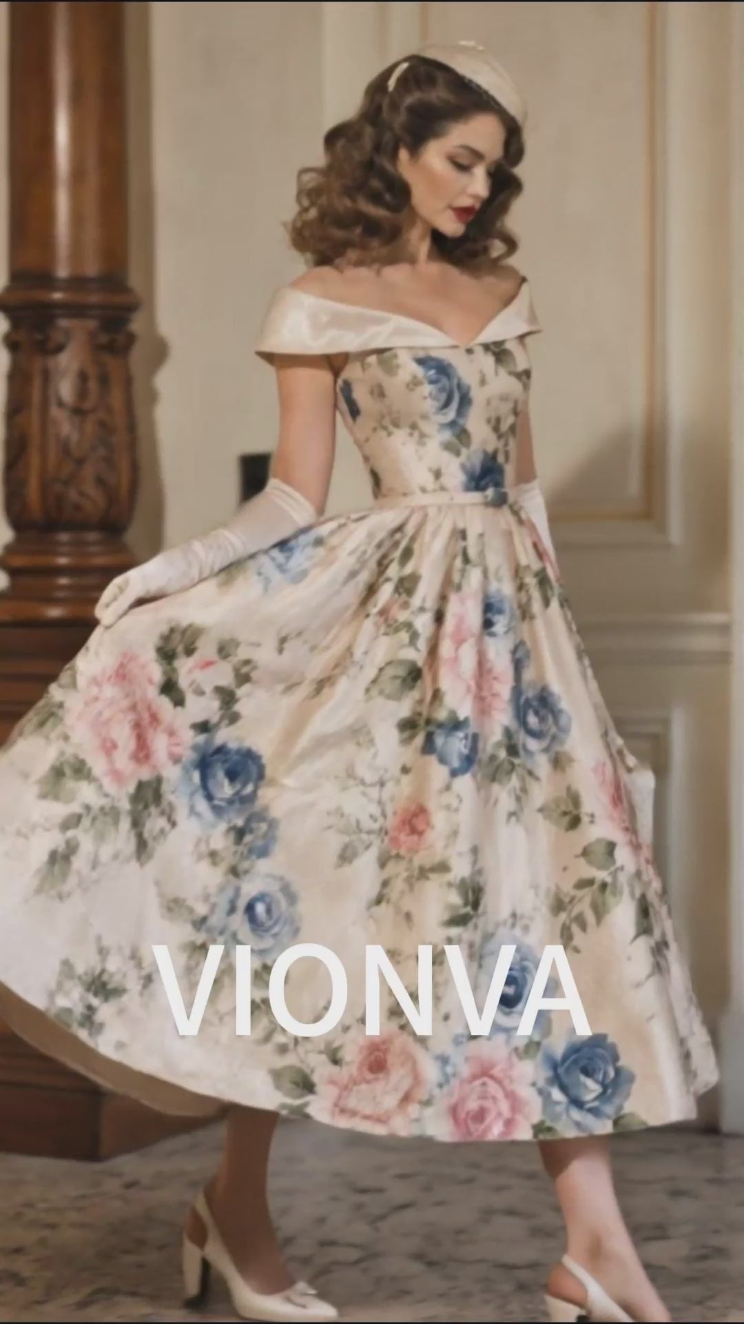 Vintage Off‑Shoulder Floral Print Satin Belted Swing Midi Dress
