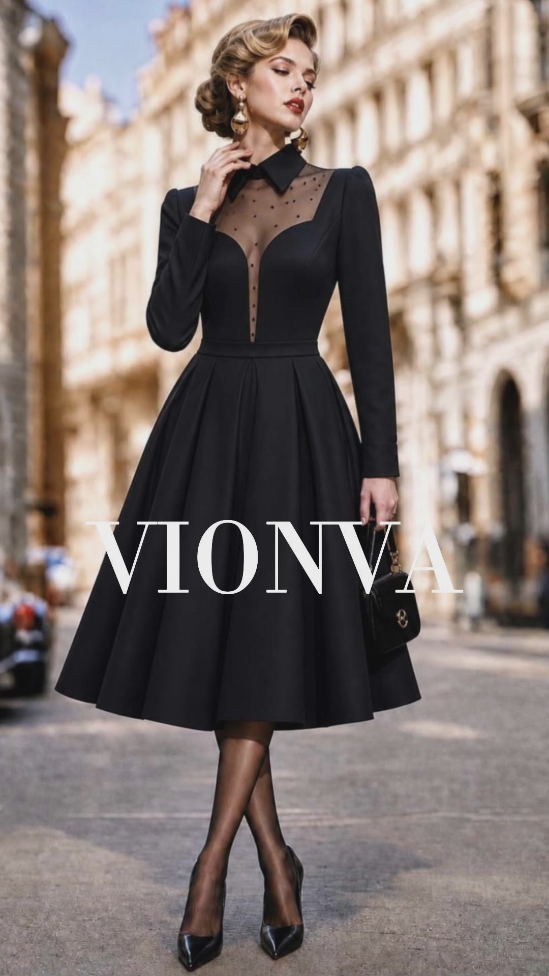 Vintage Polka‑Dot Mesh V‑Neck Midi Dress