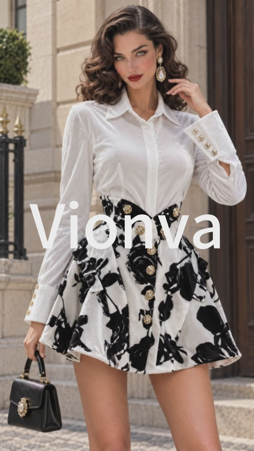 Vintage Floral-Print Pearl-Button Velvet Shirt Dress