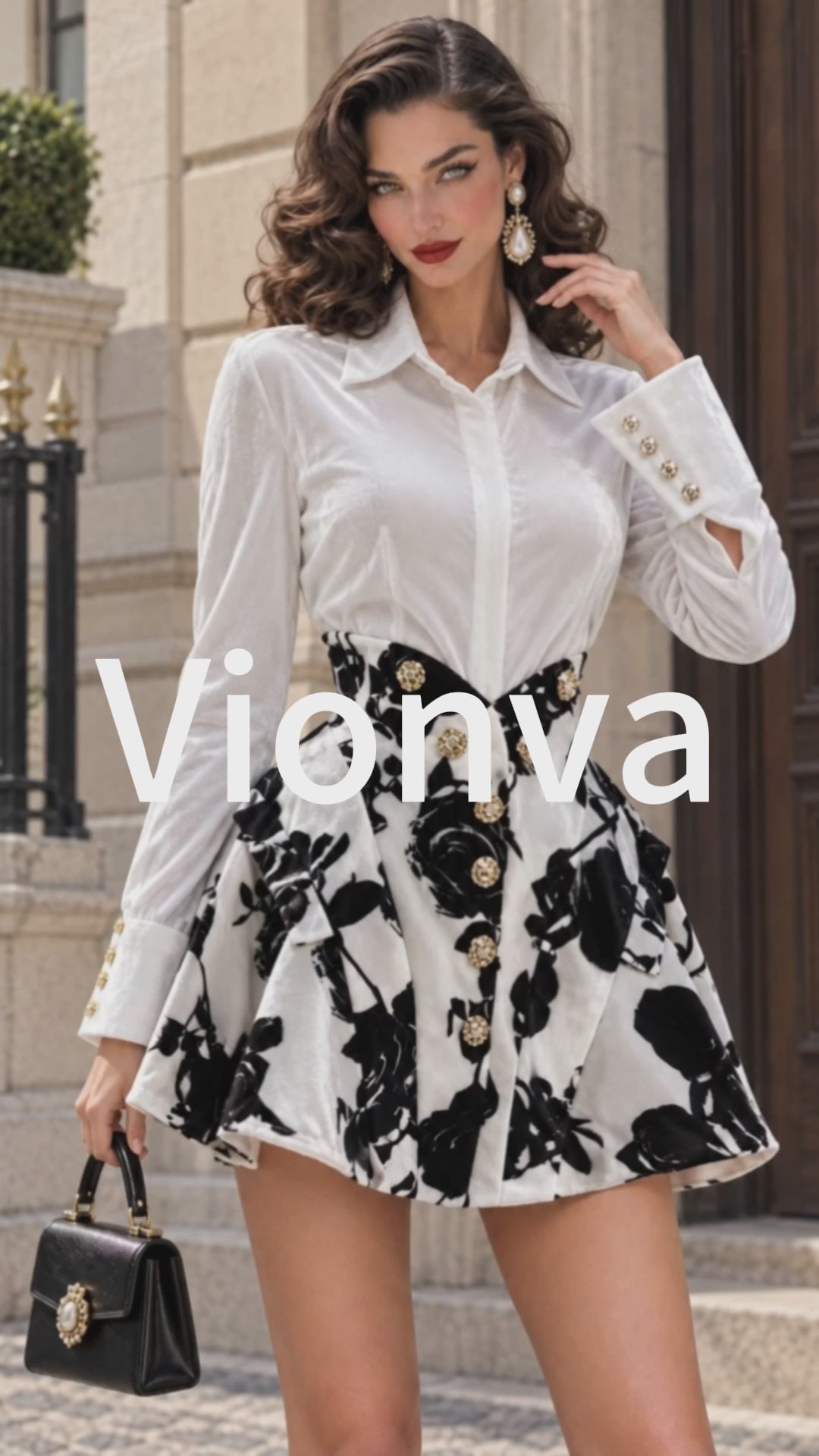 Vintage Floral-Print Pearl-Button Velvet Shirt Dress