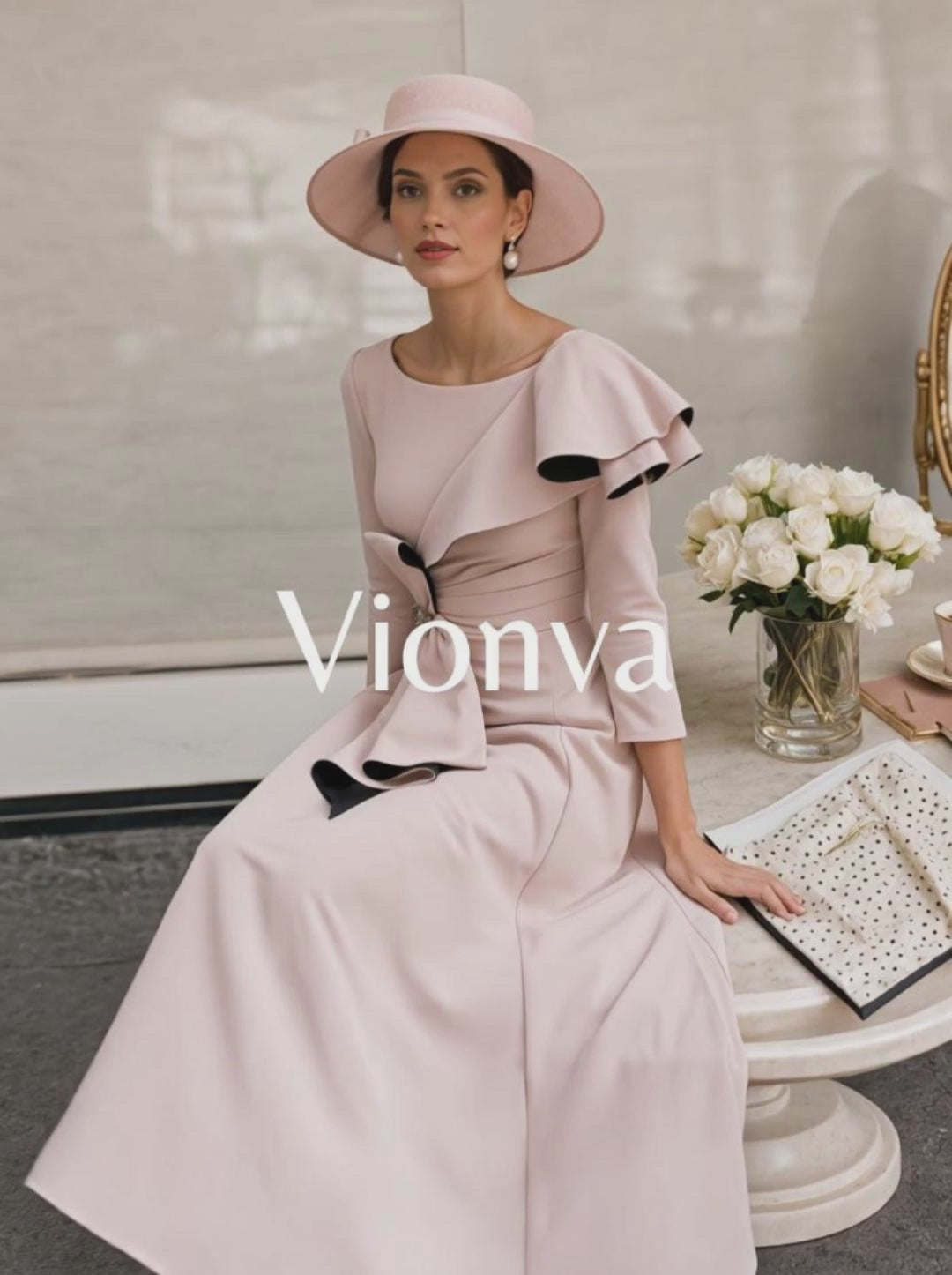 Vintage Ruffled Bow Evening Midi Dress