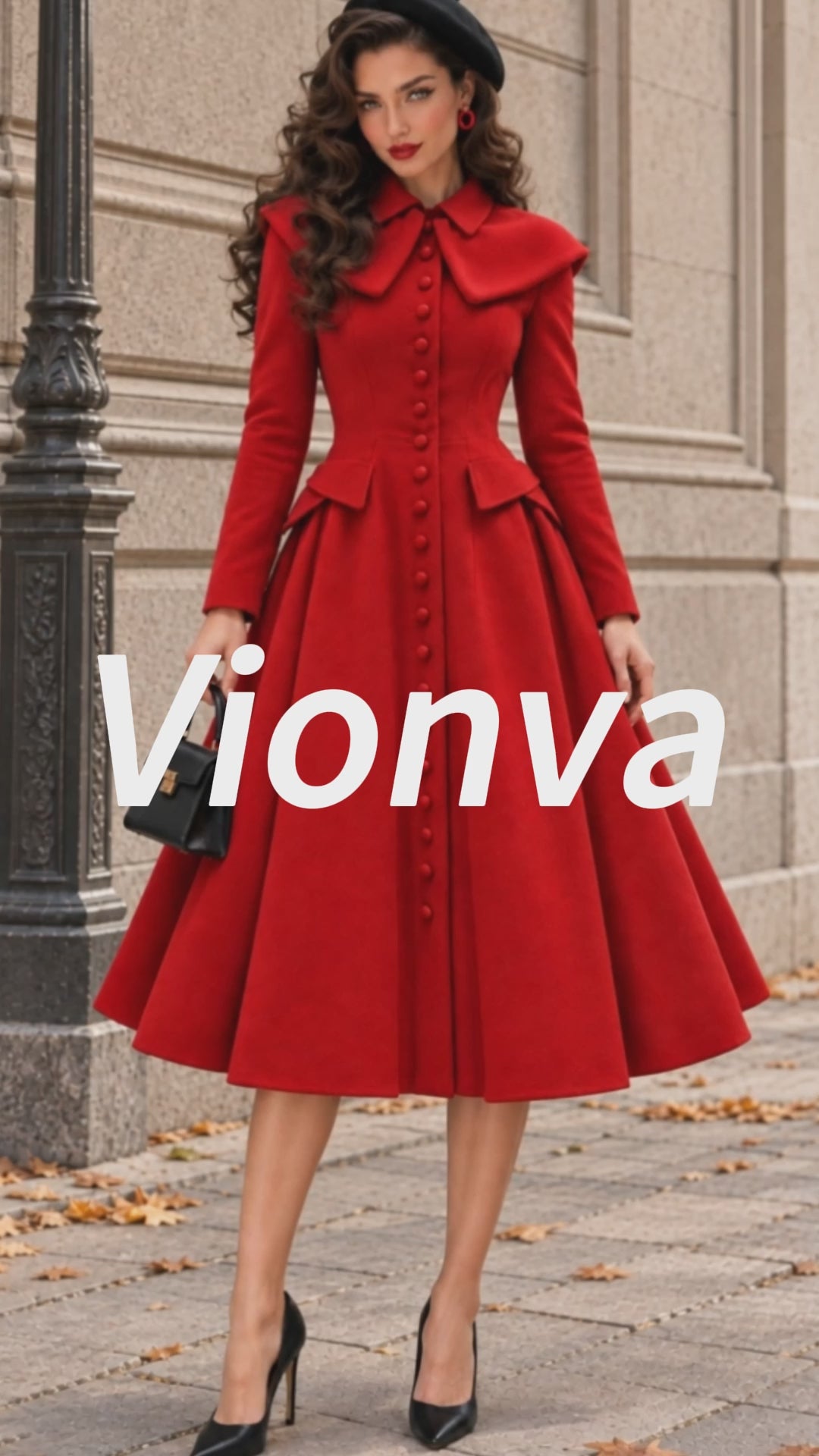 Vintage Red Cape Collar Flared Coat