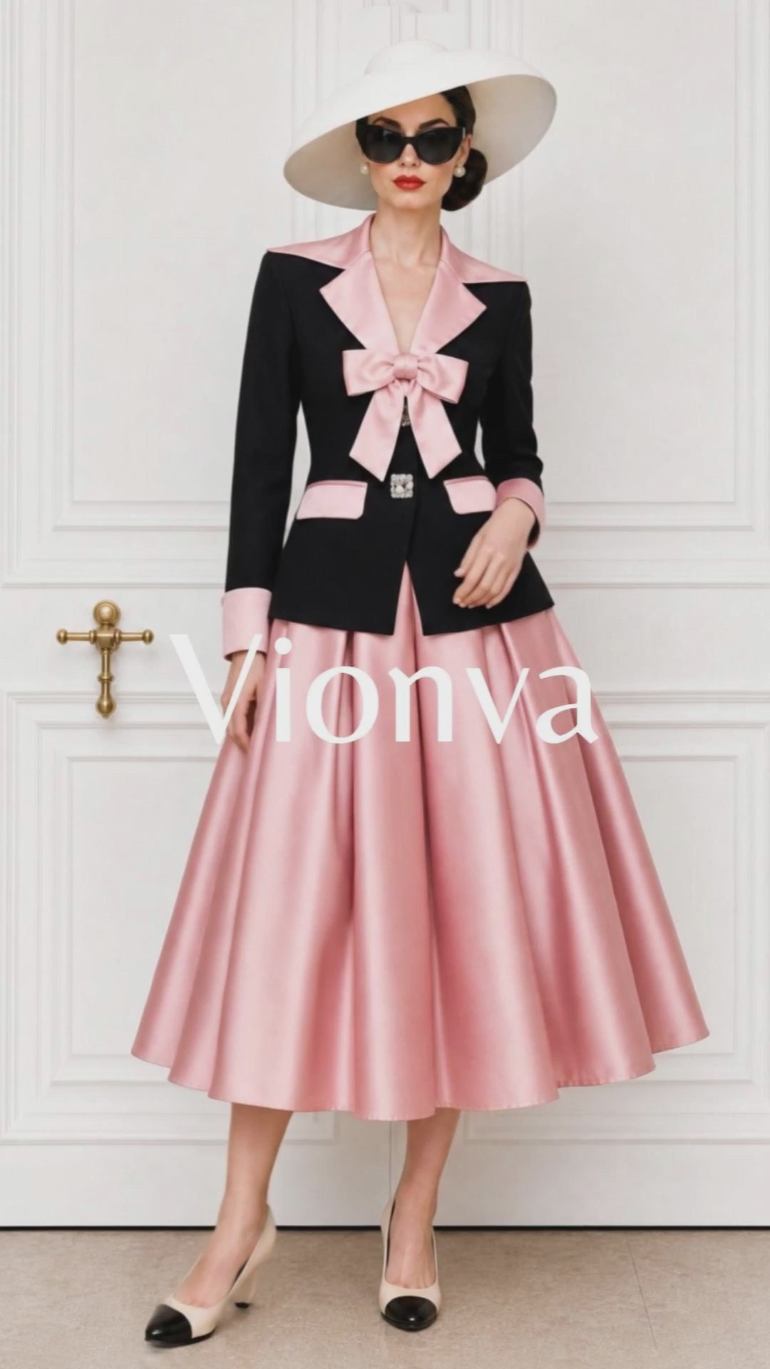 Vintage Color Block Bow Decor Blazer & Skirt Two-Piece Set