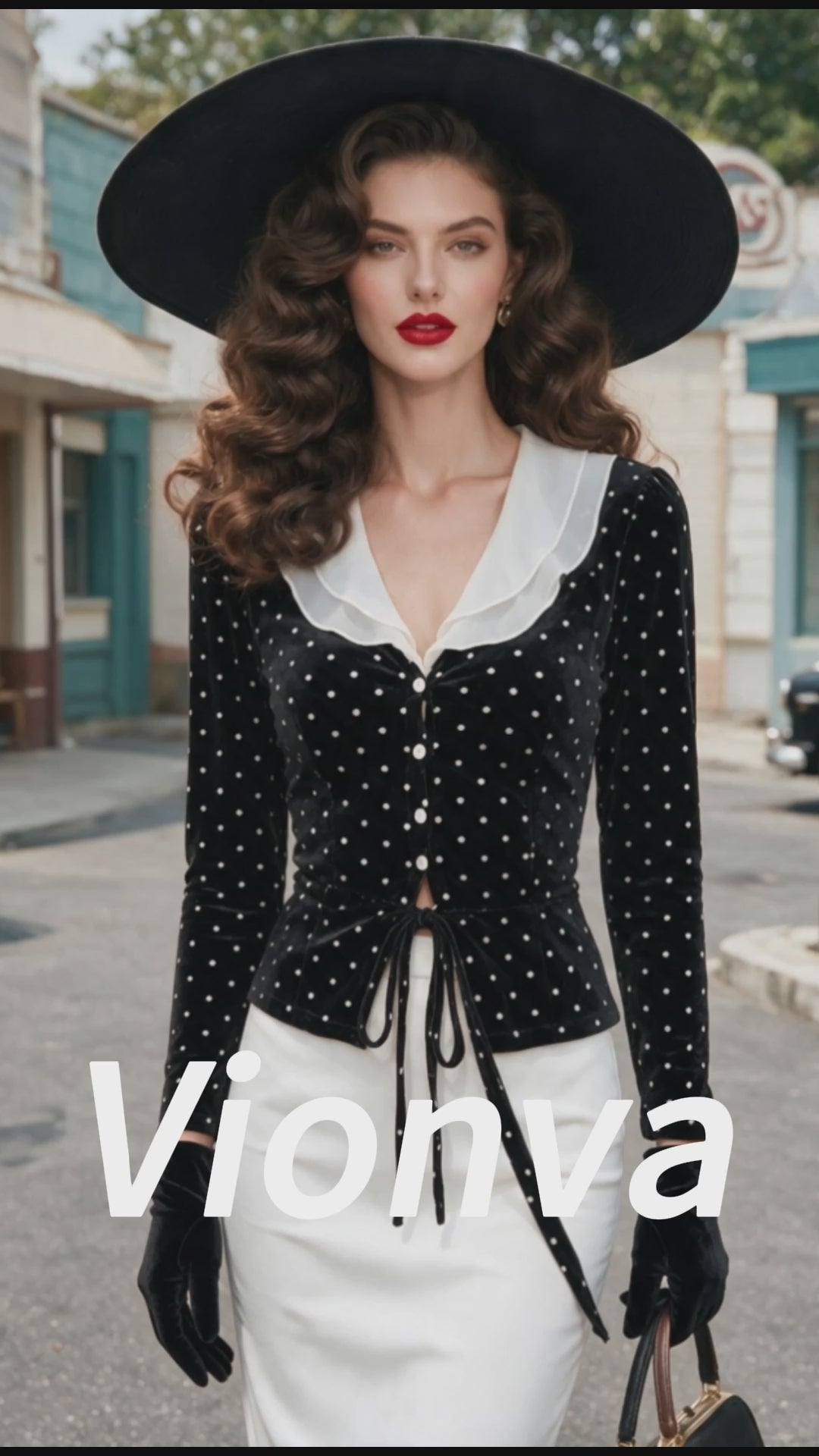 Vintage Black Polka-Dot White-Collar Velvet Peplum Blouse