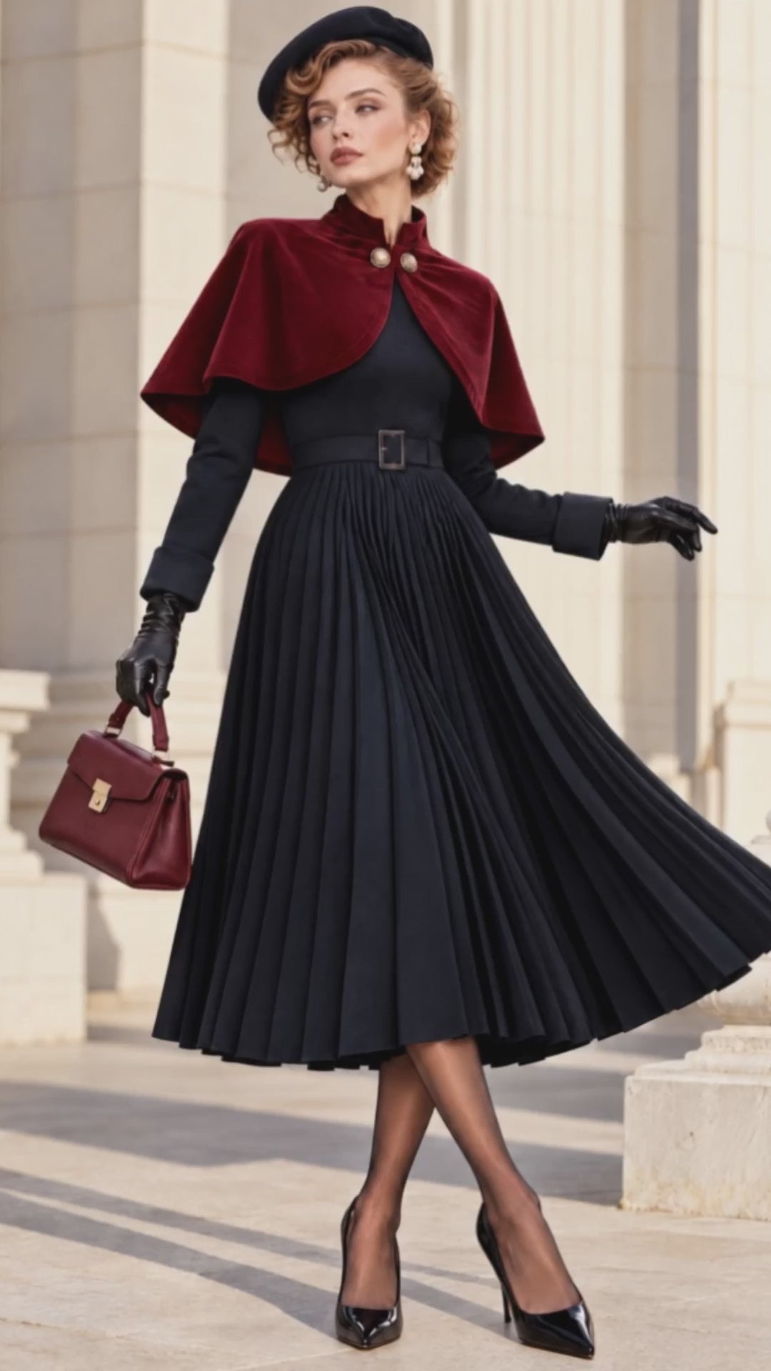 Vintage Two Piece Velvet Cape Midi Skirt Set