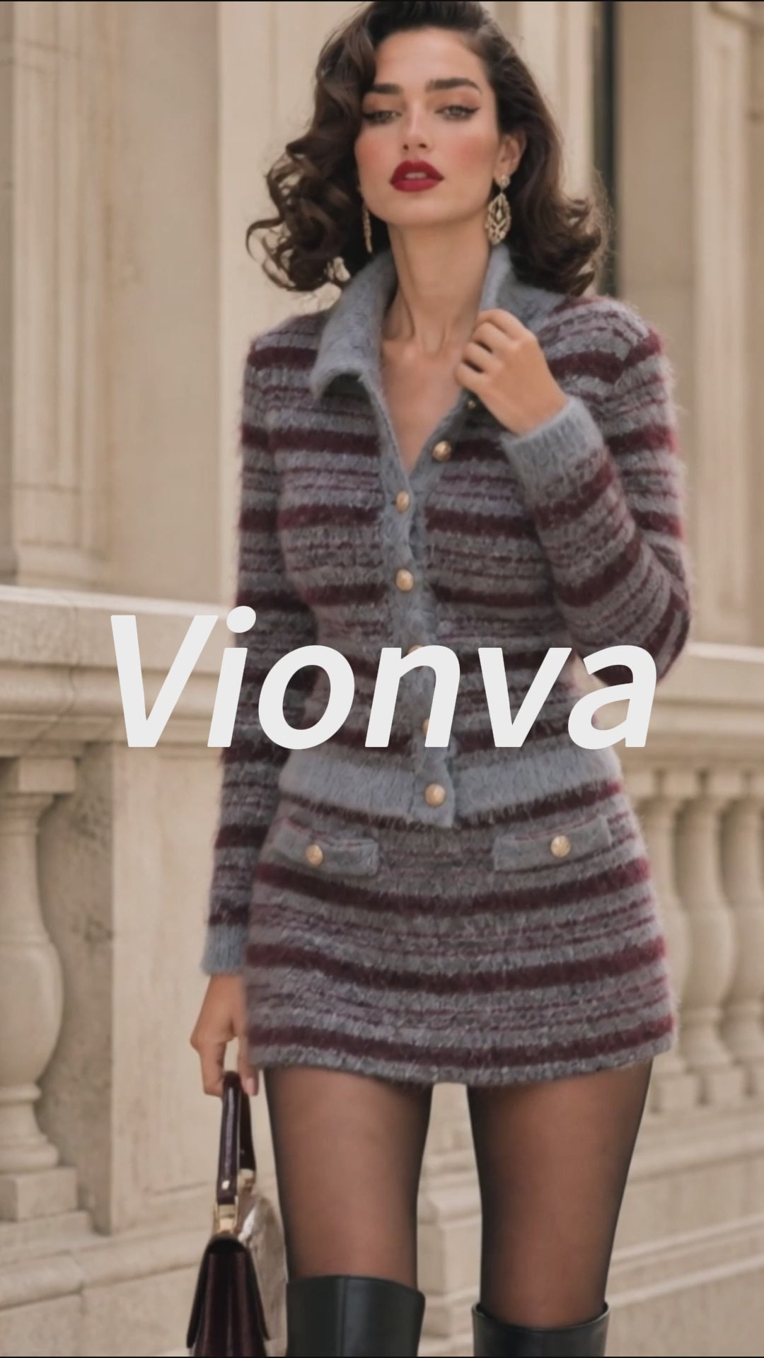 Vintage Striped Fuzzy Knit Cardigan Skirt Set