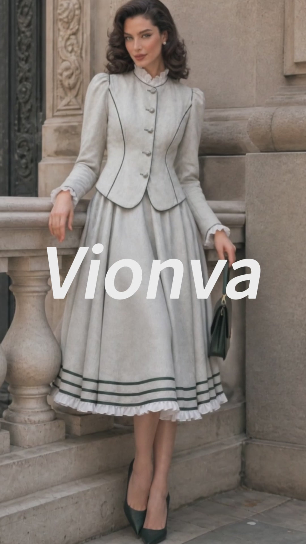 Vintage Piped Stand-Collar Puff-Sleeve Fitted Jacket