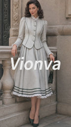 Vintage Piped Stand-Collar Puff-Sleeve Fitted Jacket