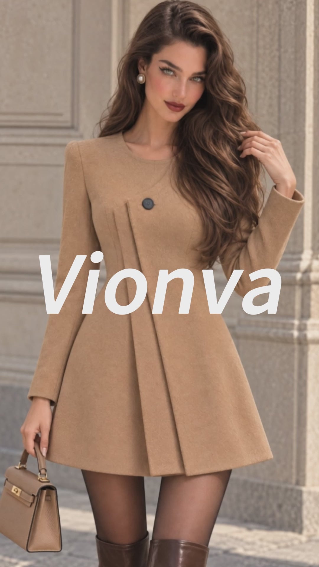 Vintage Camel Asymmetric Pleated Mini Dress