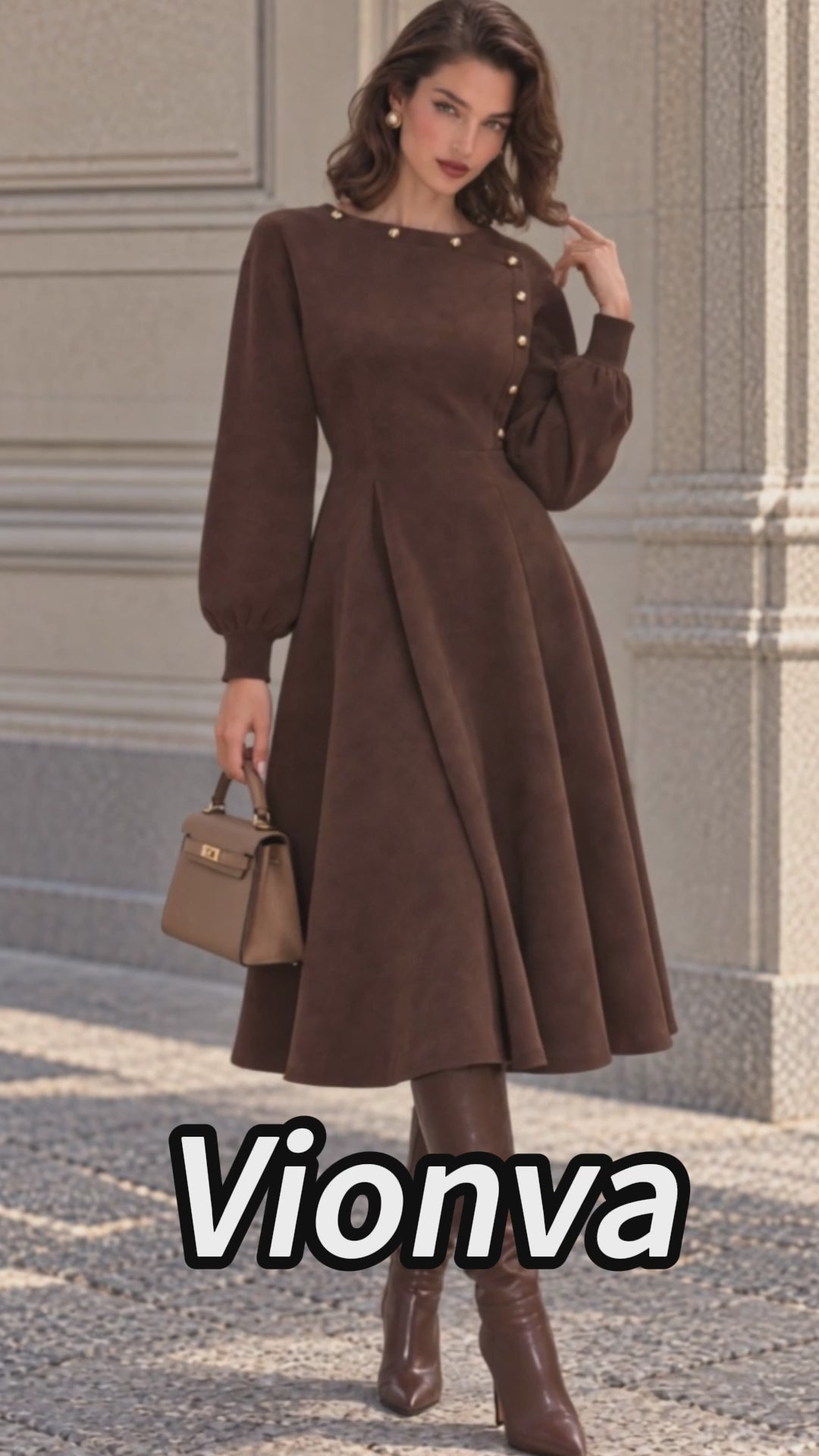 Vintage Brown Faux Suede Button Neck Midi Dress