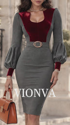 Vintage Grey & Burgundy Velvet Puff Sleeve Belted Midi Dress