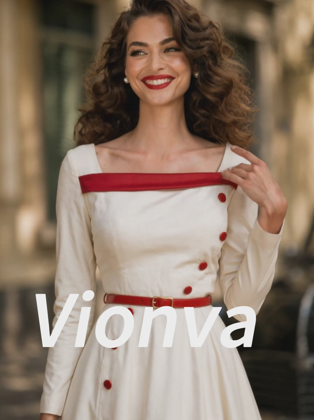 Vintage Cream Red-Trim Square-Neck A-Line Midi Dress