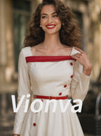 Vintage Cream Red-Trim Square-Neck A-Line Midi Dress