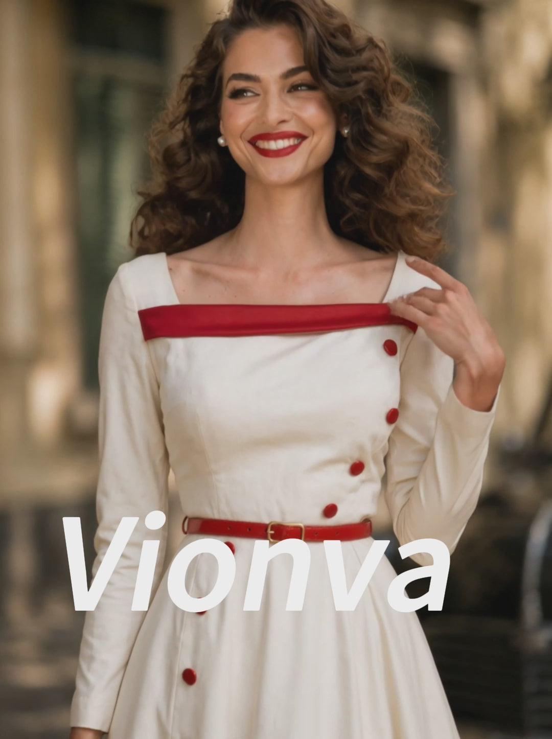 Vintage Cream Red-Trim Square-Neck A-Line Midi Dress