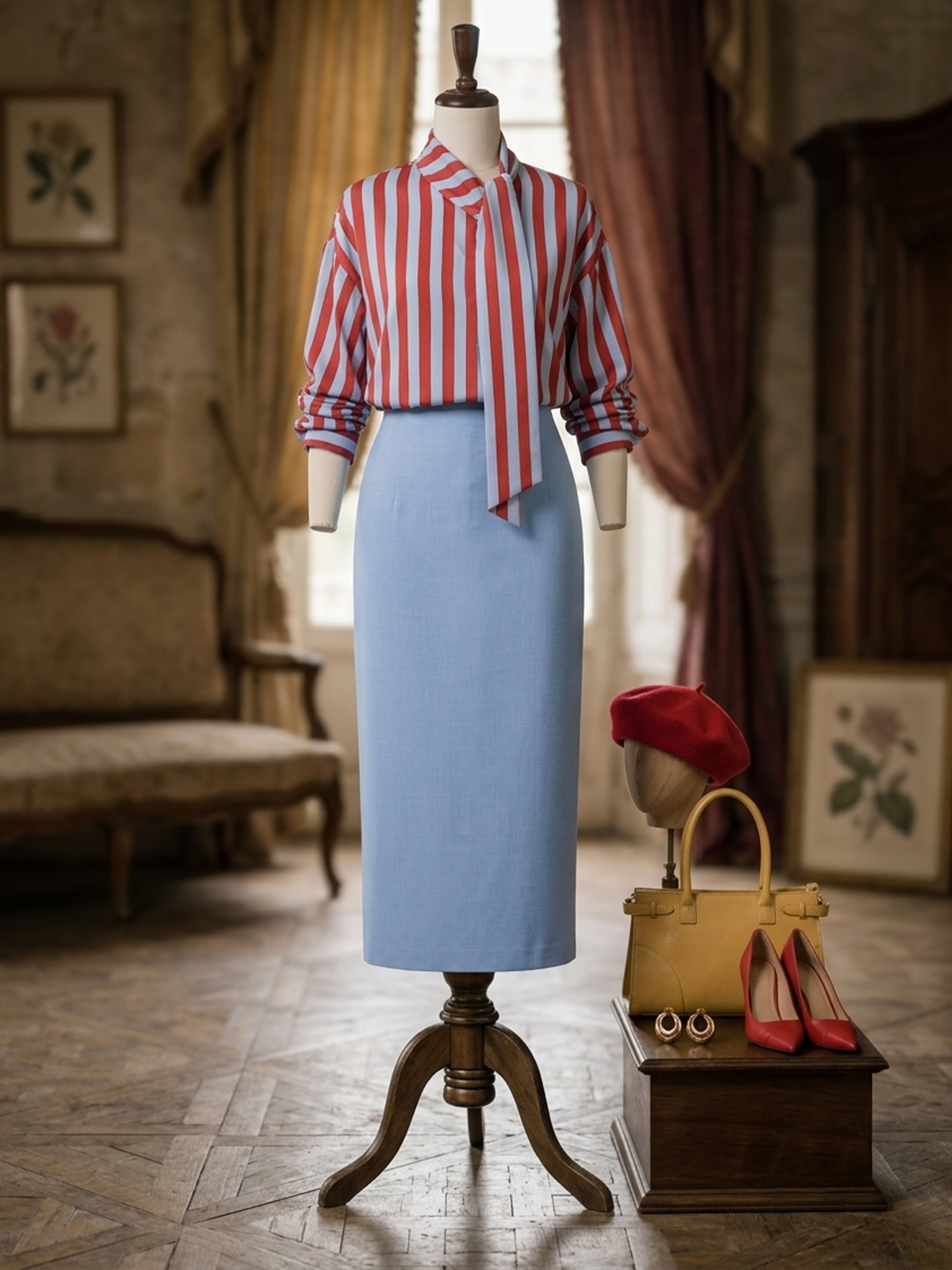 Vintage Relaxed Red Blue Stripe Ribbon Collar Blouse