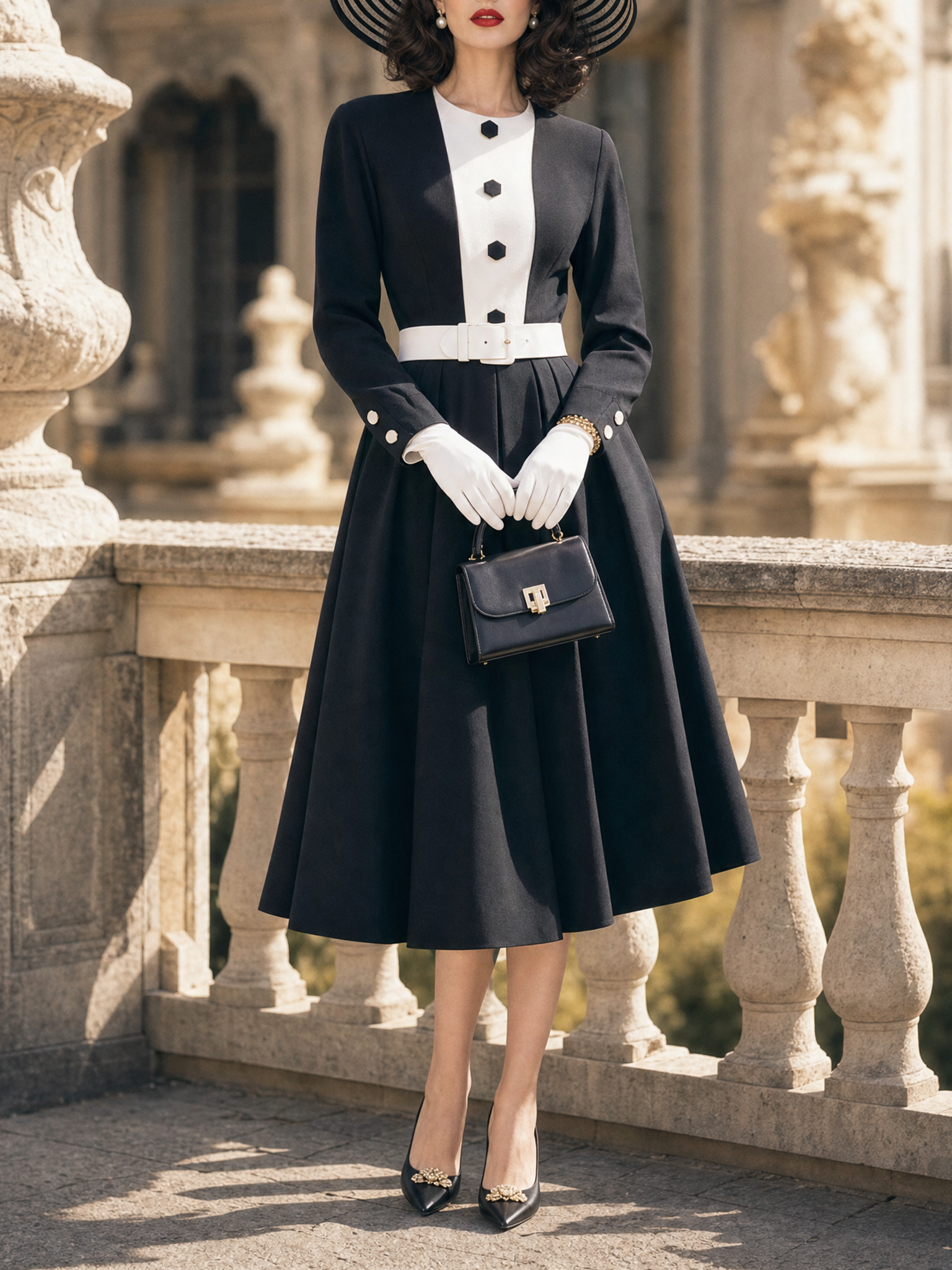 Vintage Color Block Long Sleeve Belted A‑Line Swing Cocktail Office Midi Dress