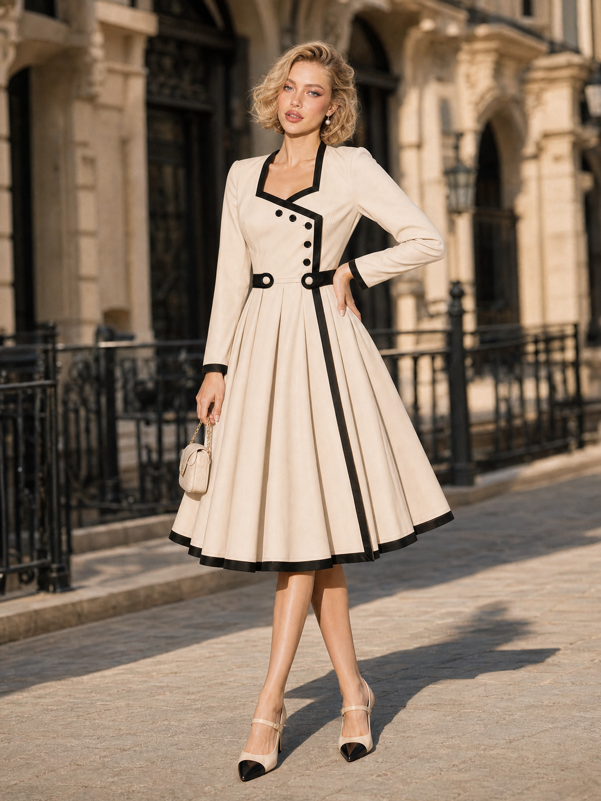 Vintage 1950s Cream Contrast Black Trim Asymmetric Button Long Sleeve Swing Midi Dress