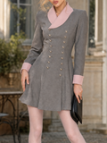 Vintage Grey Contrast Pink Lapel Double Breasted Long Sleeve Mini Dress