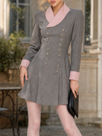 Vintage Grey Contrast Pink Lapel Double Breasted Long Sleeve Mini Dress