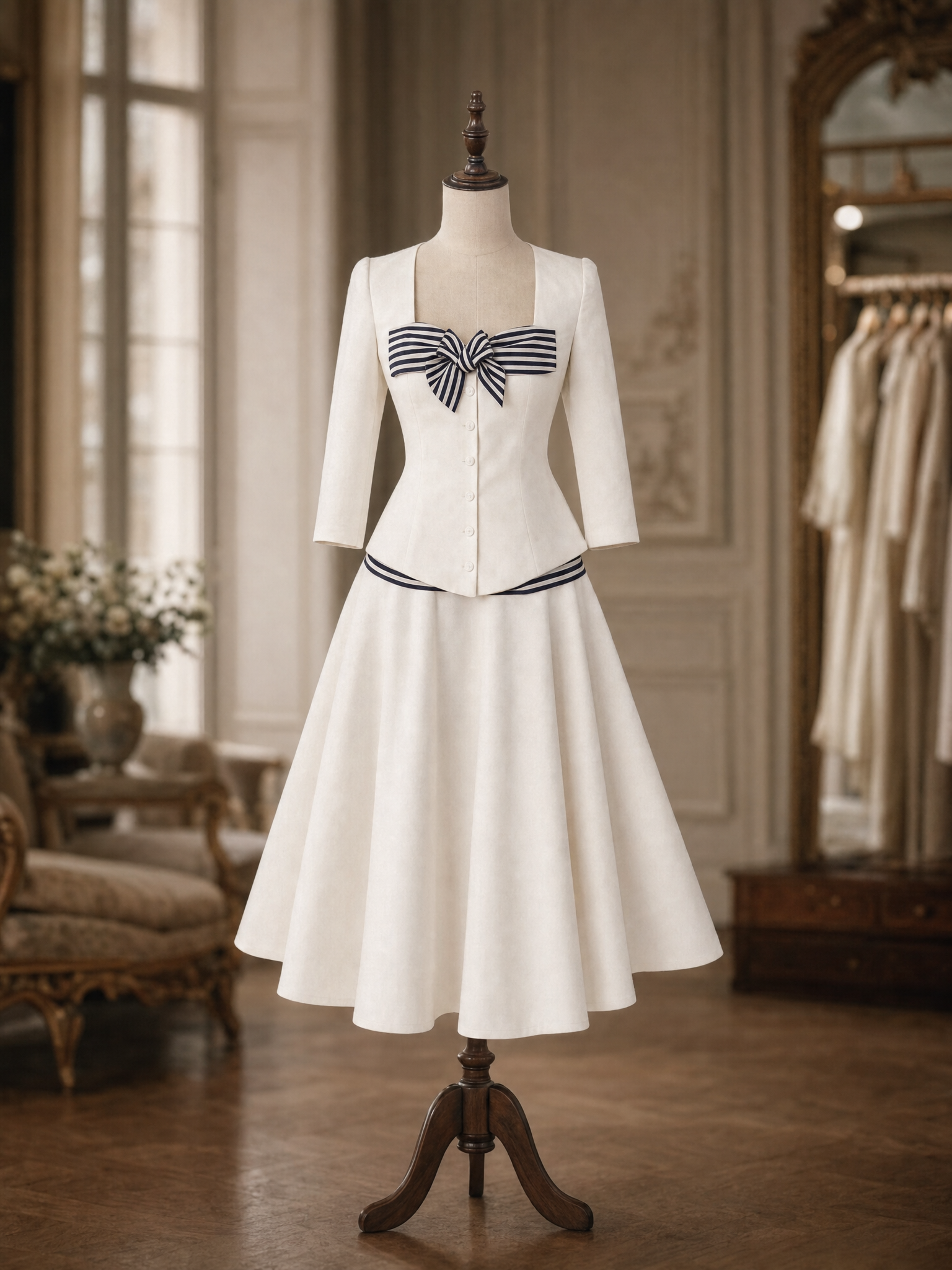Vintage Slim Striped Bow Square-Neck Two-Piece Commuter Skirt Sets
